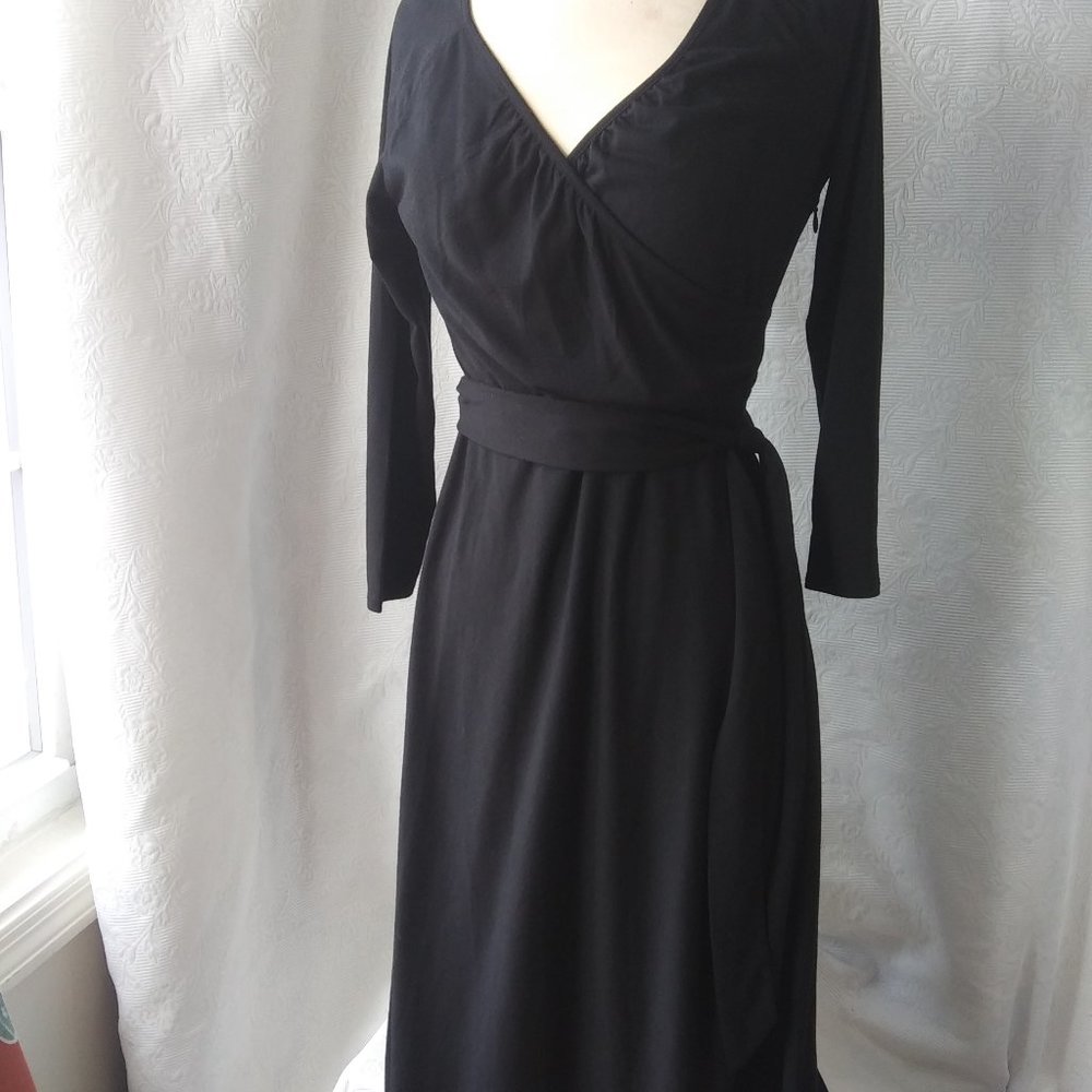 LOFT | Black Rayon Blend Knit Wrap Top Dress | 0